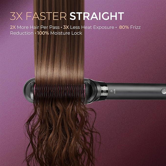 Professional Ceramic Hair Straightener Brush, Dual Voltage for Travel, Frizz Control Anti-Static, Fast Heating Smoothing Comb for All Hair Types Women Salon
