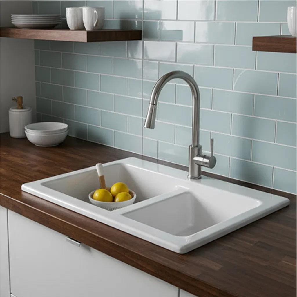White Acrylic Double Bowl Drop-in Sink for Laundry Cabinet