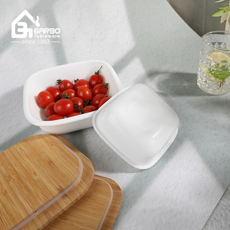 Factory Unique Multi Shape Opal Glass Food Container with Bamboo Lids