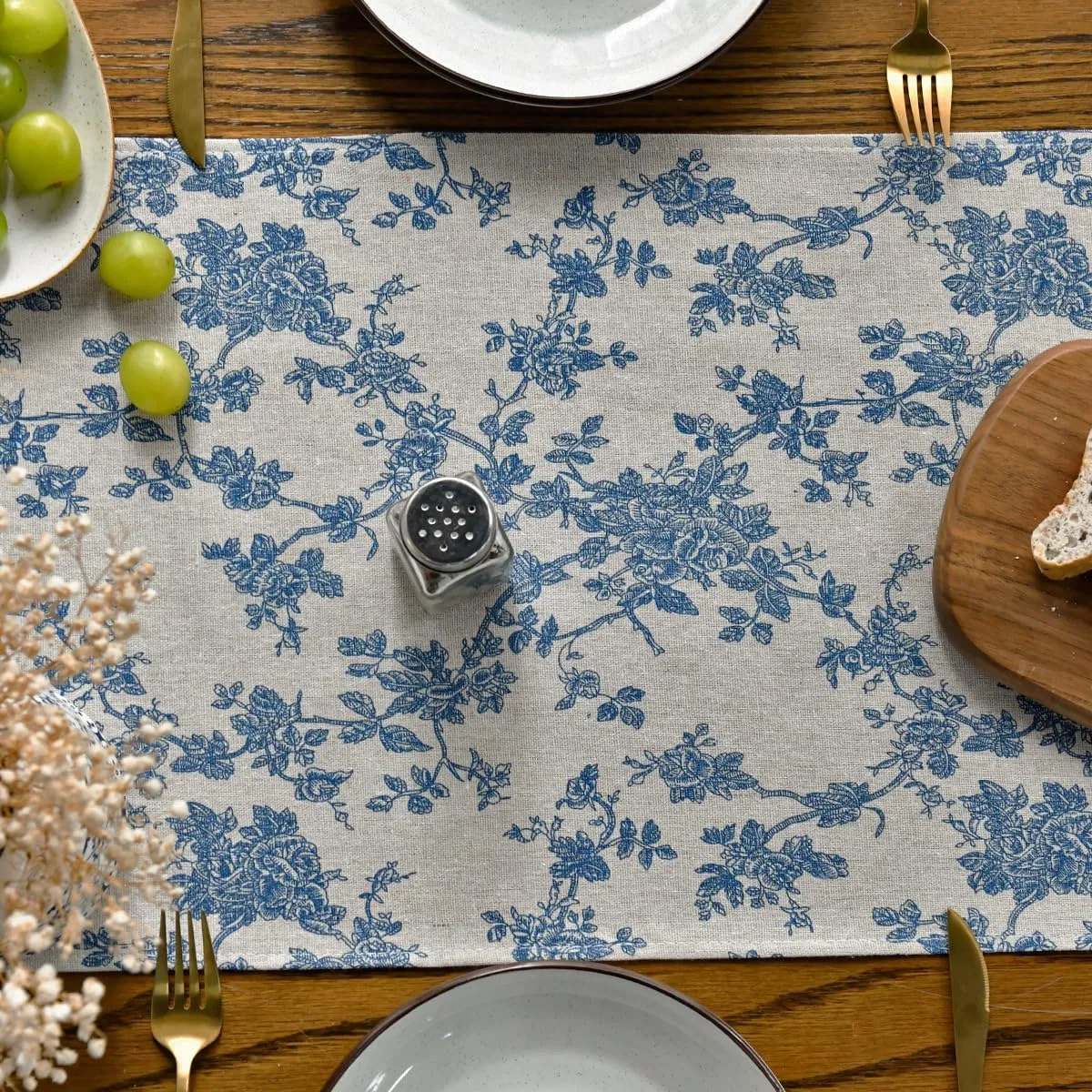 Monochrome Sketch Branch Toile Textures Chinoiserie Cotton Dark Grey Table Runner