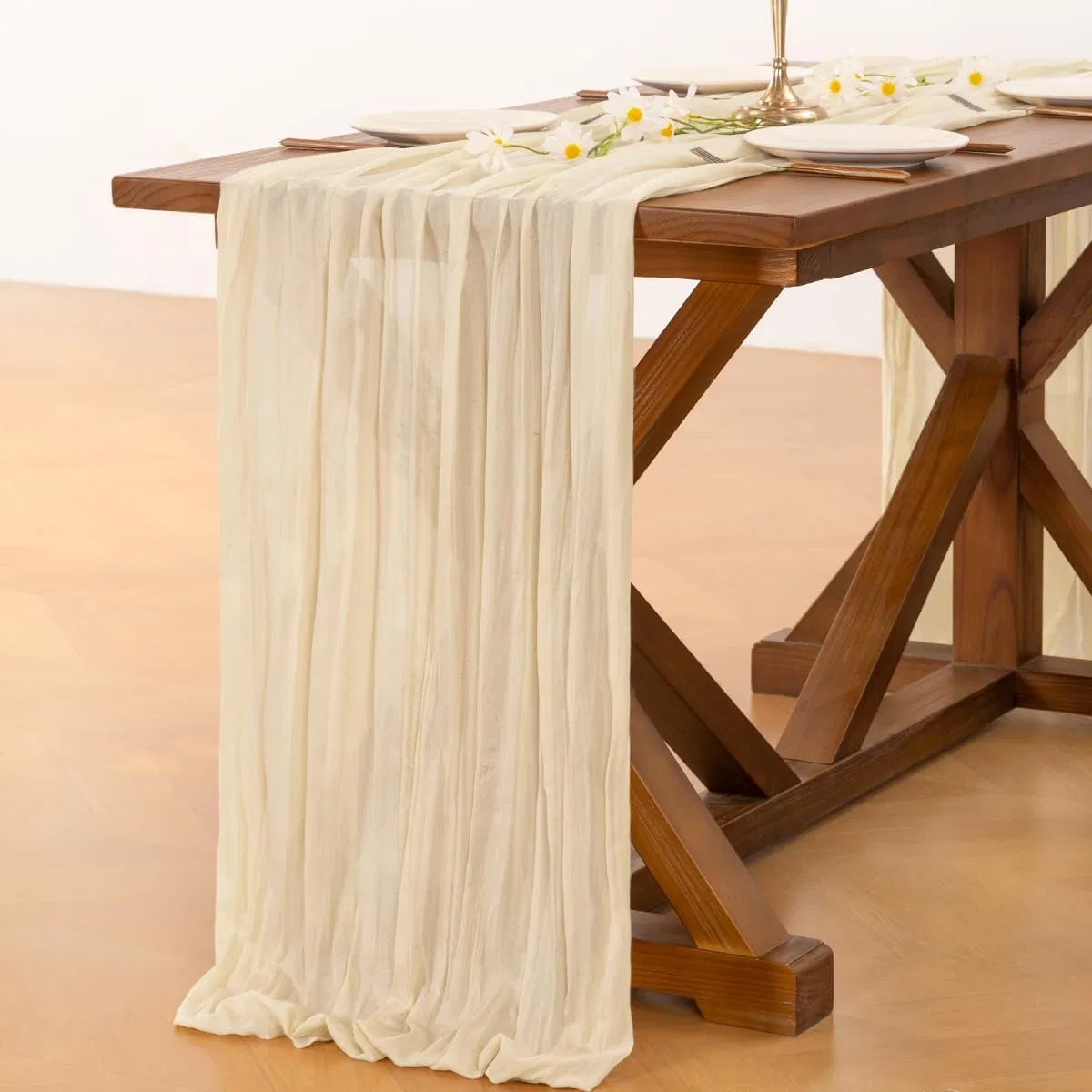 Beige Boho Rustic Cheesecloth Table Runner for Wedding Party Birthday Home Decor
