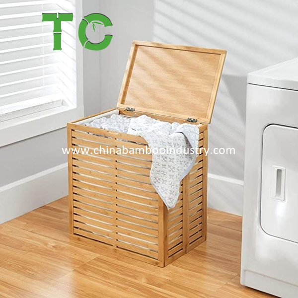 Large Capacity Bamboo Laundry Hamper Basket with Removable Fabric Liner and Decorative Wood Slats Portable and Foldable Laundry Hamper with Lid