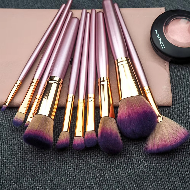 Hot Sale Wholesale Customized Logo High Quality Face Powder Eye Cosmetics 10PCS Purple Makeup Brush Set with Bag