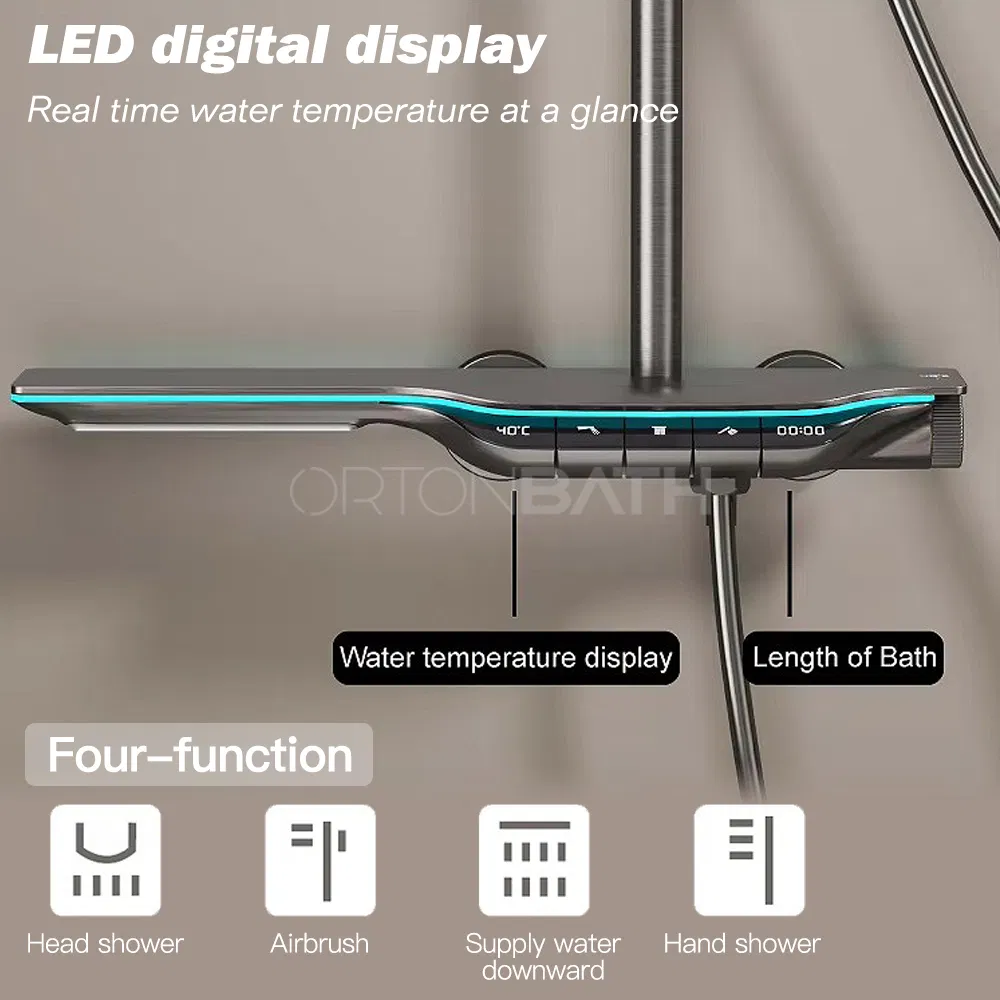 Ortonbath Gun Metal Thermostatic Shower System Wall Mount Rain Mixer Shower Combo Set 4 Way LED Digital Display Shower Faucet Set Shower Panel & Mixer Tap Set