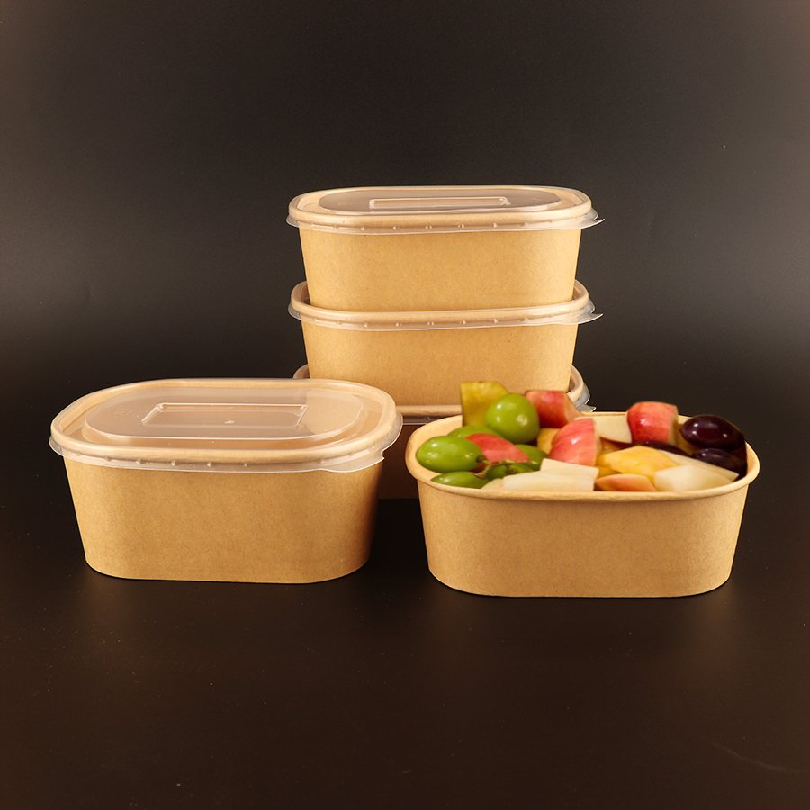 Easy-to-Clean Disposable Square 1100ml Food Soup Brown Salad Kraft Paper Bowl with Lid