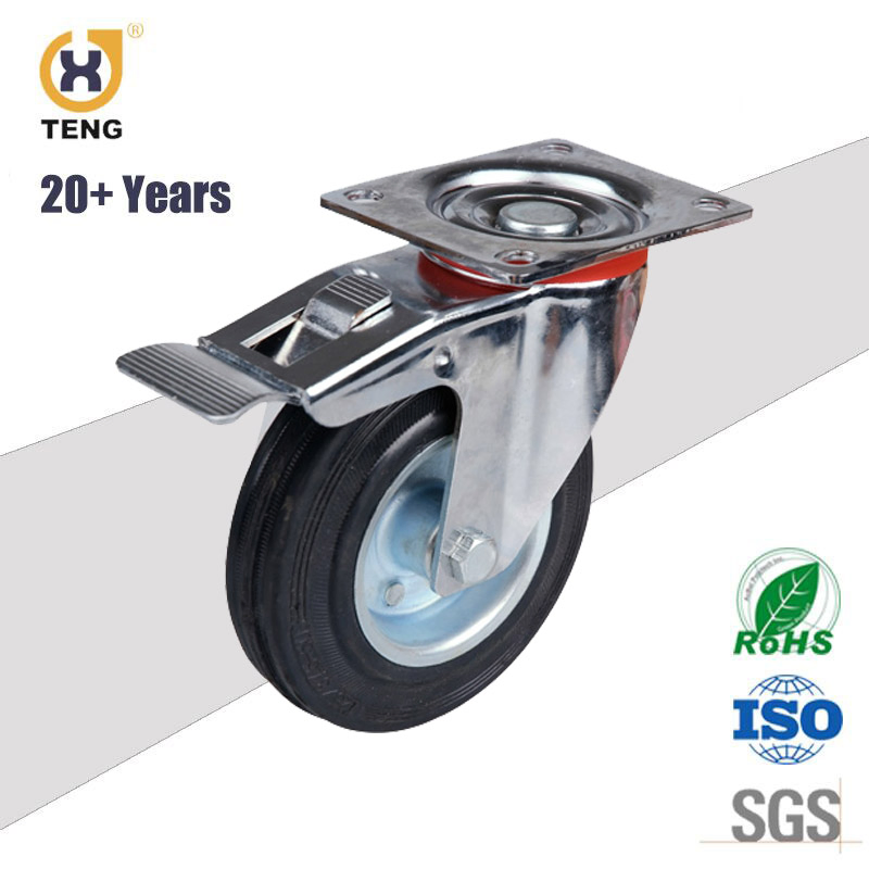 4inch 5inch 6inch Europe Style Swivel Hollow Kingpin Rubber Iron Caster Wheel with Total Brake