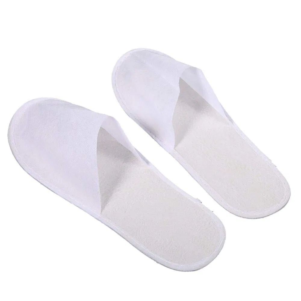 OEM Custom Logo Wholesale Cheap Disposable White Guest Bedroom Slippers for SPA Cotton Terry Velour EVA Sole Hotel Slippers