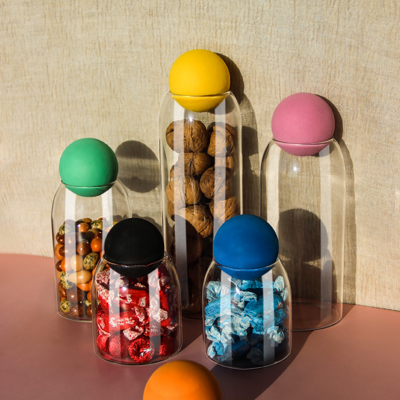 High Borosilicate Glass Food Storage Jar with Colorful Balls Lids