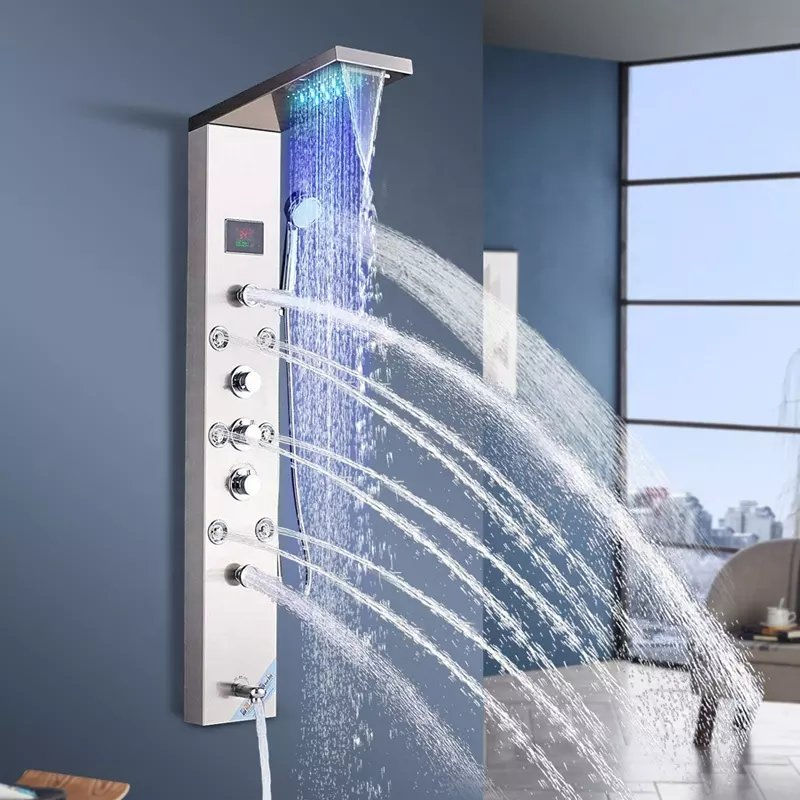 Shower Panel Temperature Display Bathroom Wall Mounted Stainless Steel Waterfall Shower Column Set Tower Jets LED Shower Panels