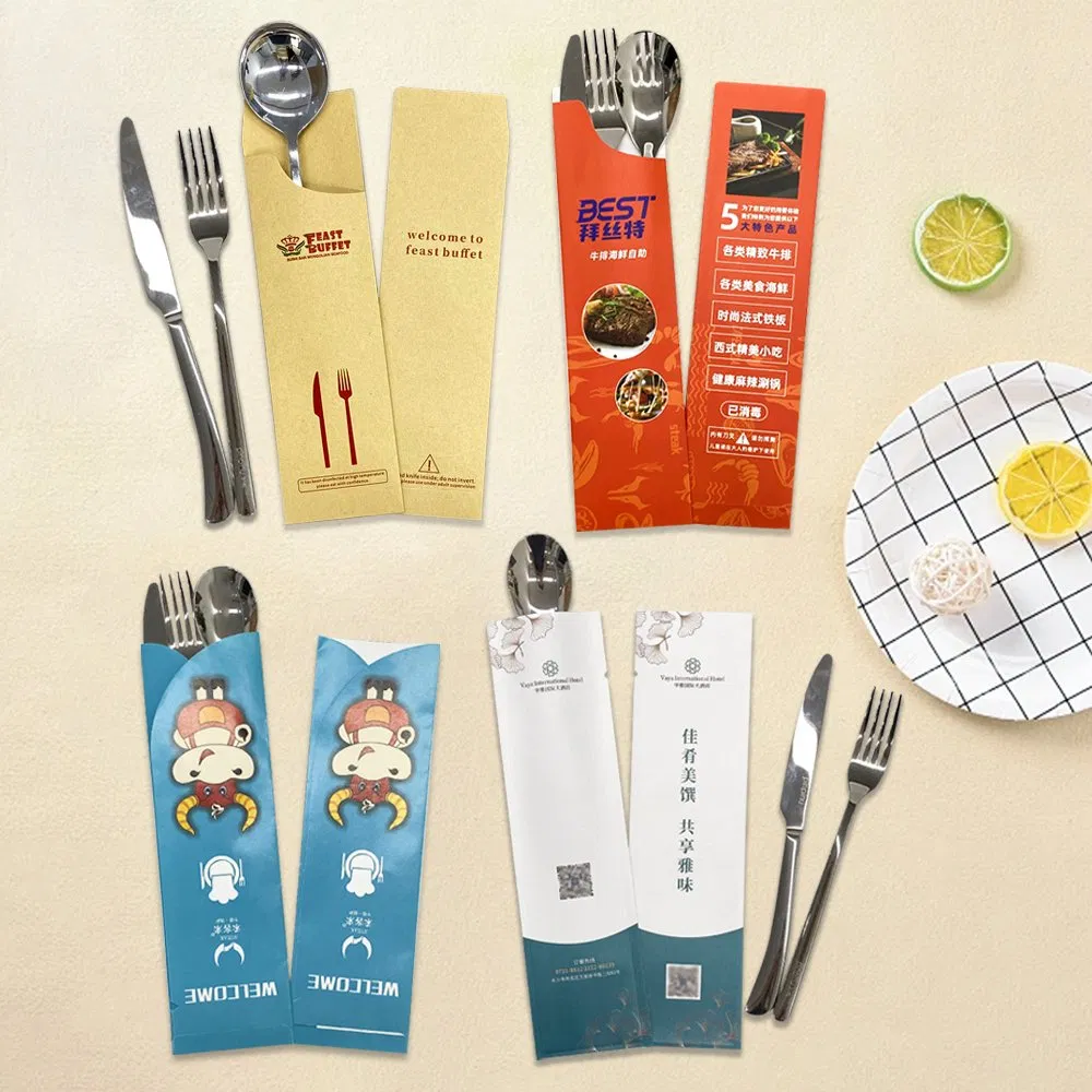 Custom Restaurant Cutlery Paper Bag Pouch Fork Knife Spoon Flatware Silverware Set Kraft Paper Sleeve with Napkin