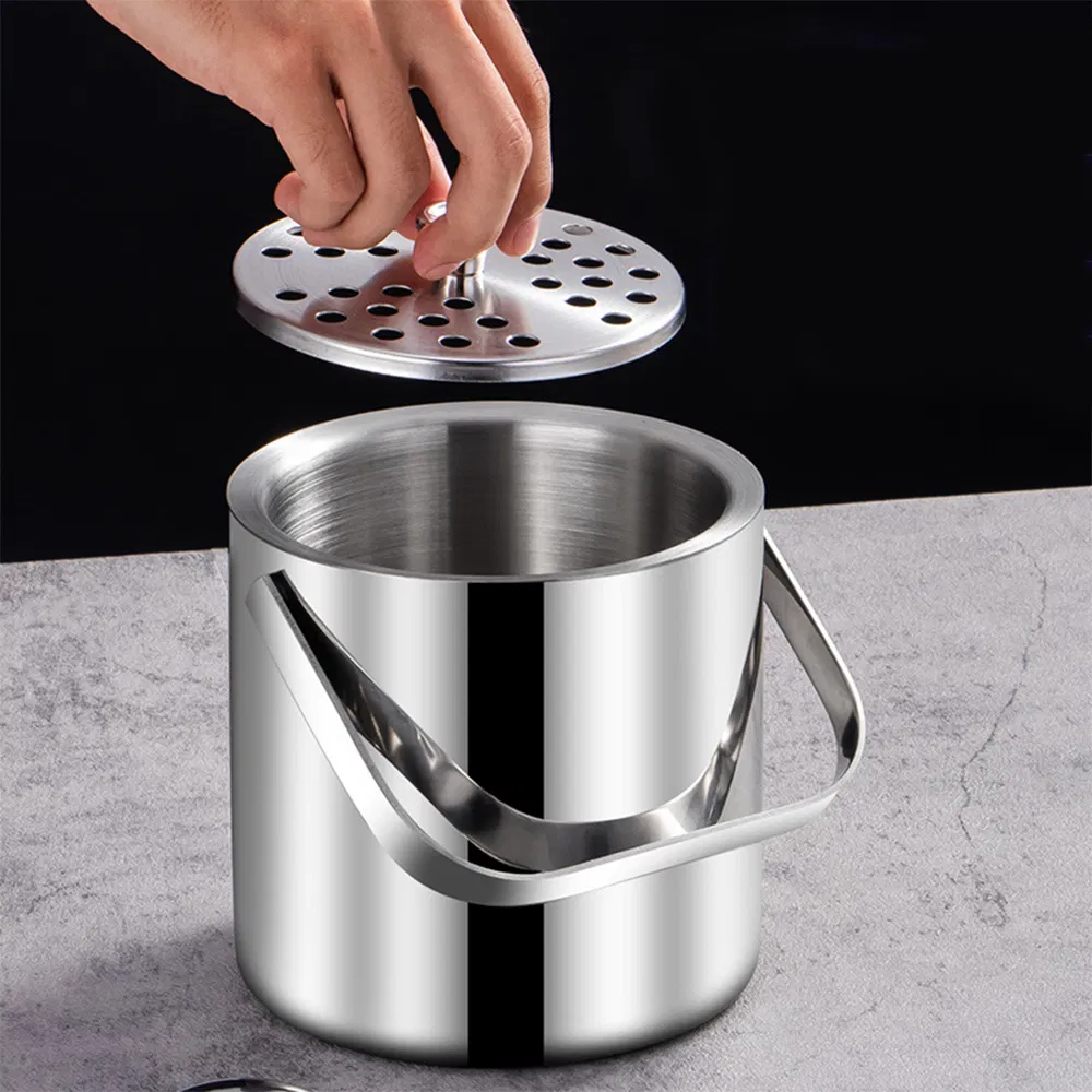 Stainless Steel 1.3L Ice Bucket with Lid and Tong Champagne Bucket Double-Deck Ice Cube Container Champagne Cooler
