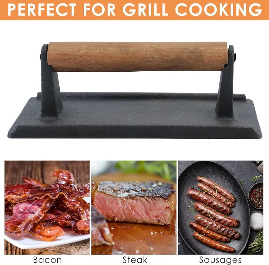 Pre-Seasoned Cast Iron Bacon Press Meat Cooking Grill Press Cast Iron Hamburger Grill Press with Wooden Handle