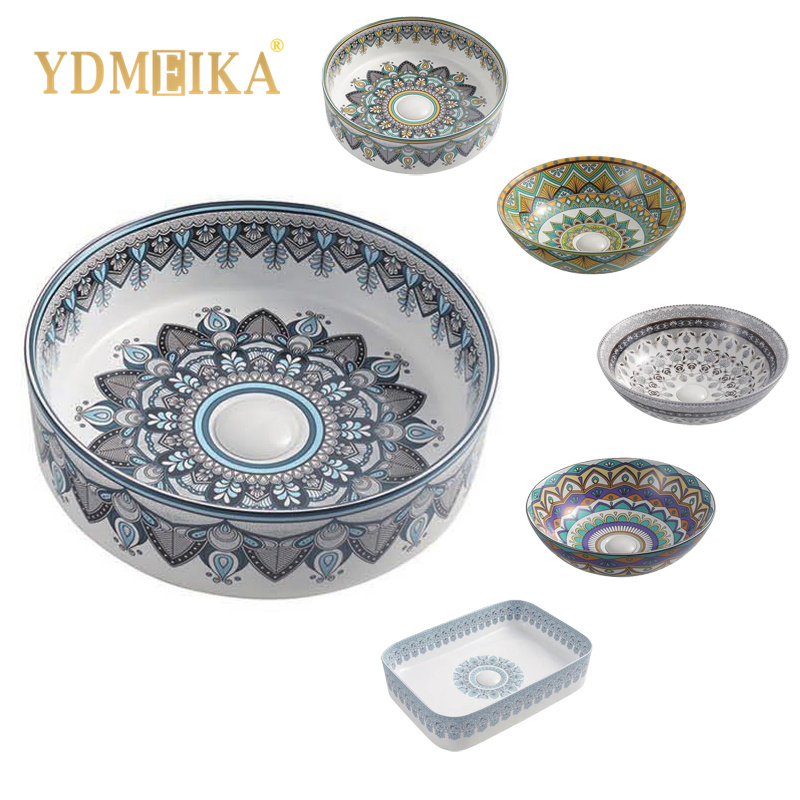 Hotel-Grade Round Ceramic Bathroom Sink - Electroplated Blue and White Porcelain Countertop Basin for Washroom Projects
