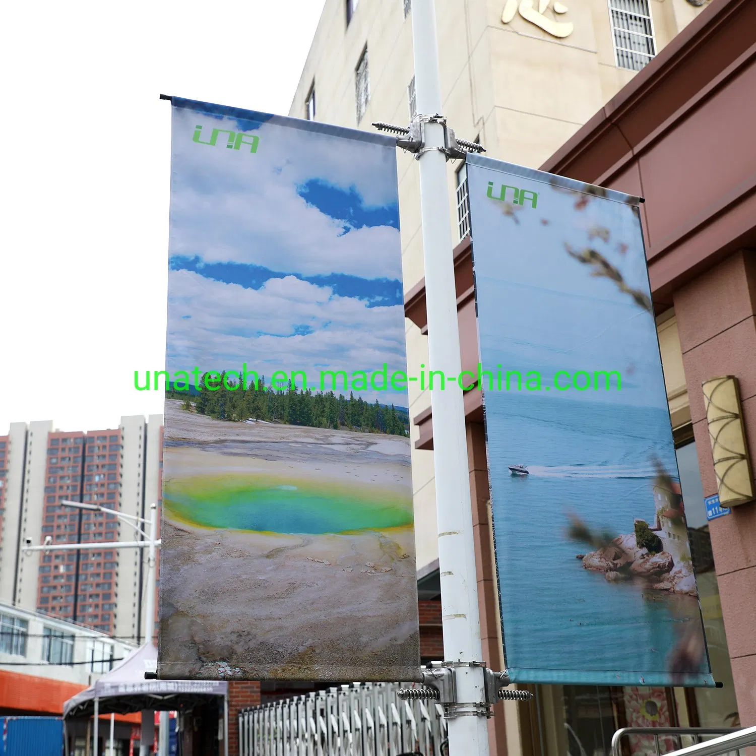 Lamp Pole Ad Outdoor Banner Campaign Spring Loaded Aluminium Mounting Support