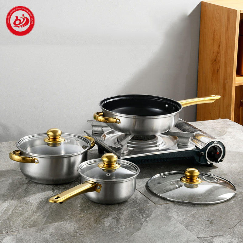 Super Market Promotion Gold Stainless Steel Soup Milk Non-Stick Pot Saucepan Cookware Sets with Handle