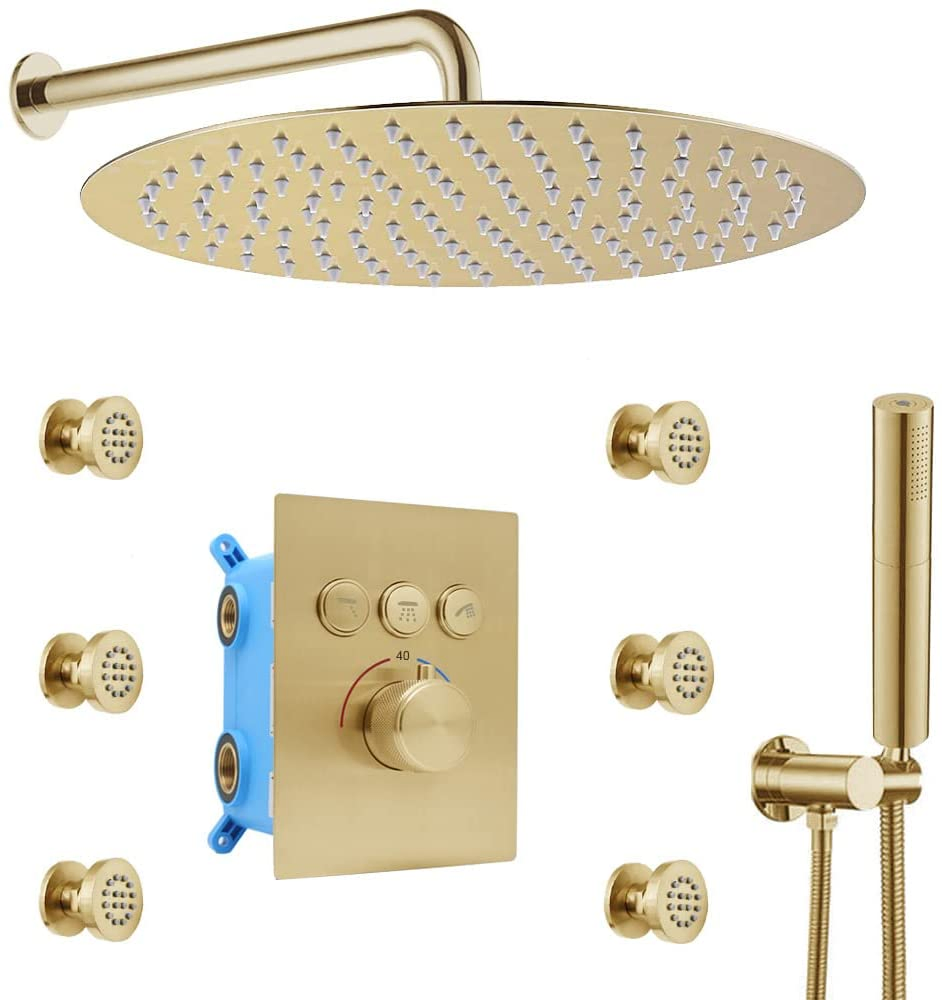 Luxury Brushed Gold Rainfall Concealed Shower System - 12 Inch Wall Mount Round Rain Faucet Set with Handheld Spray and Jets Combo, Thermostatic Brass Valve