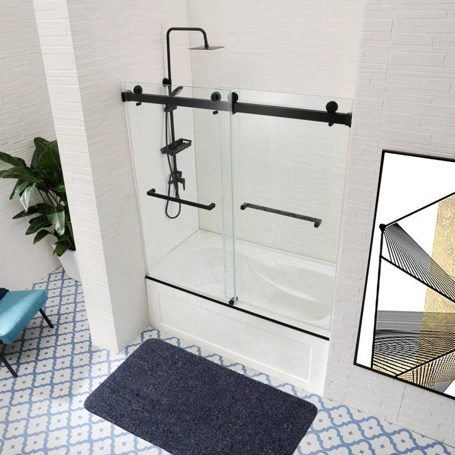 Factory Bathroom Stainless Steel Frameless Single Sliding Tempered Glass Black Shower Cabin for Bath Tub