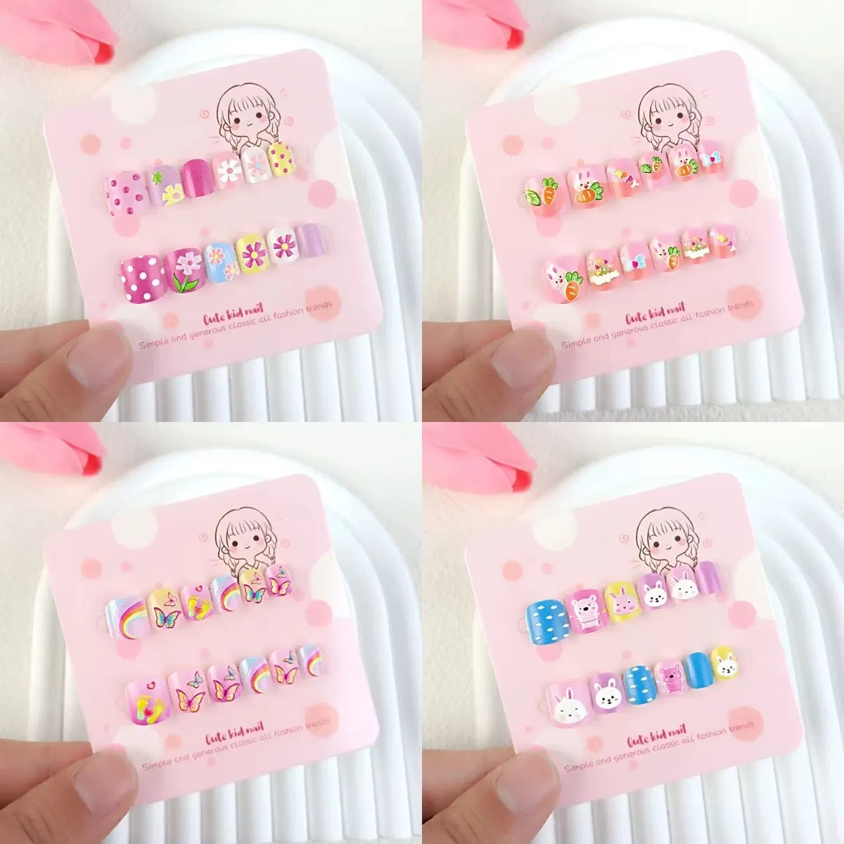 Cute Flower Cartoon Kids Press on Nail Art Set with Rhinestones