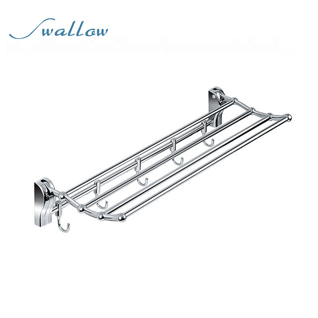 Chrome Stainless Steel Wall Mounting Bathroom Fittings Accessories Tower Rack Storage Shelf with Hook