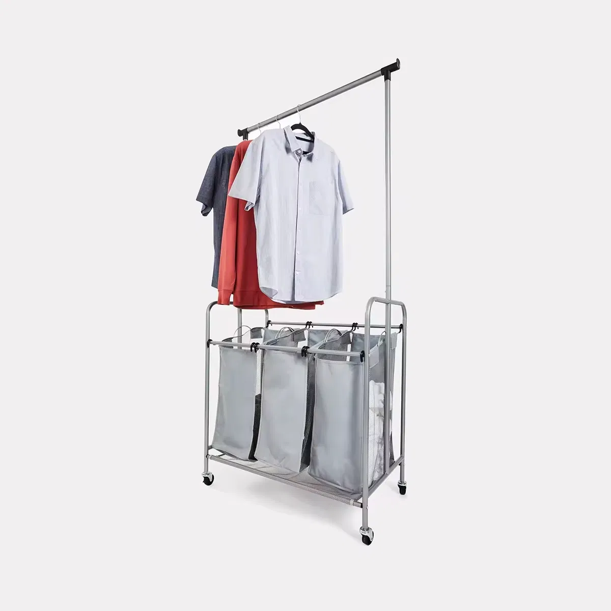 3-Tier Foldable Laundry Hamper Detachable Design Clothes Rack with 4 Rotary Wheels
