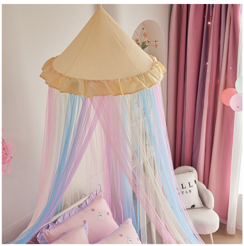 Rainbow Bed Canopy for Girls Dreamy Mosquito Net for Bed Round Dome Princess Bed Canopy Girl Room Play Tent Kids Canopy Bed Netting Curtains Yellow