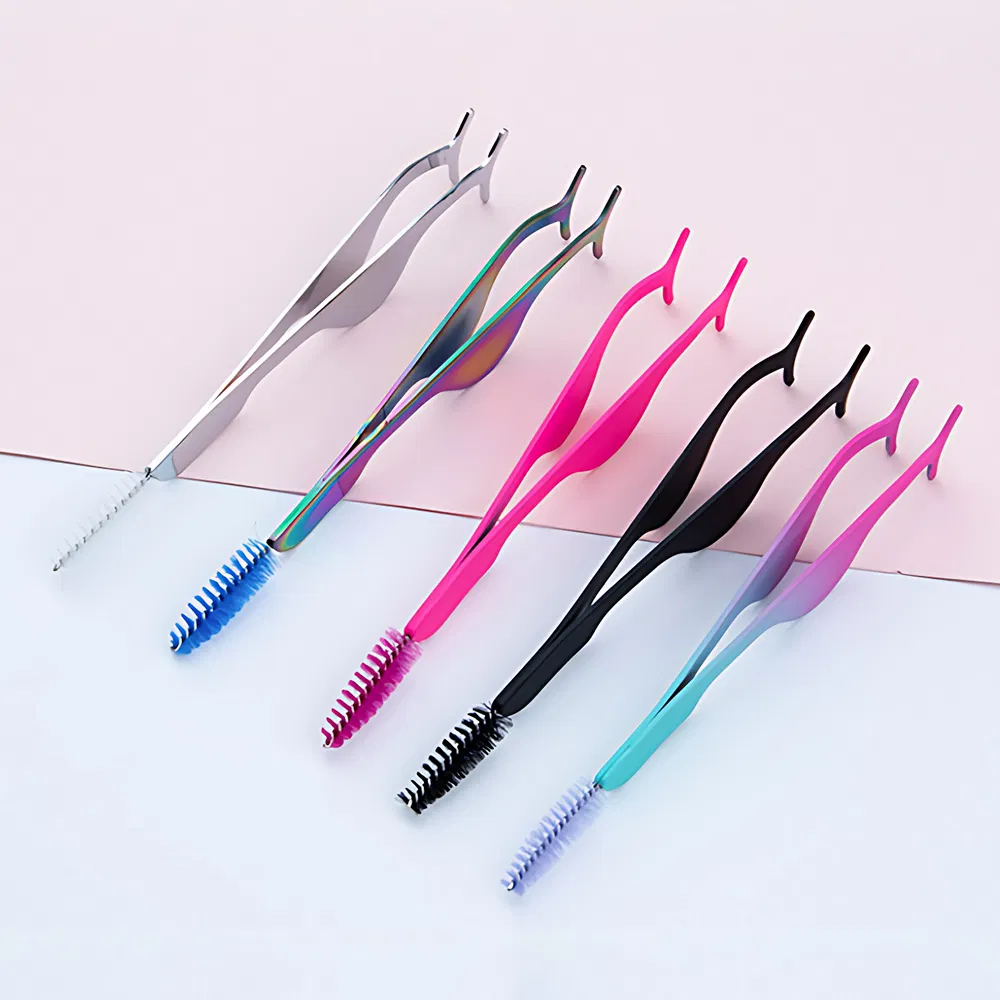 Slanted False Lash Eyebrow Tweezers Stainless Steel Rounded Lashes Eyelash Extension Pliers with Brush