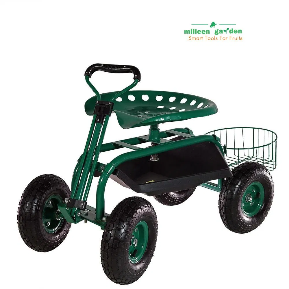 Swivel Seat and Utility Basket Garden Cart Rolling Scooter with Extendable Steering Handle