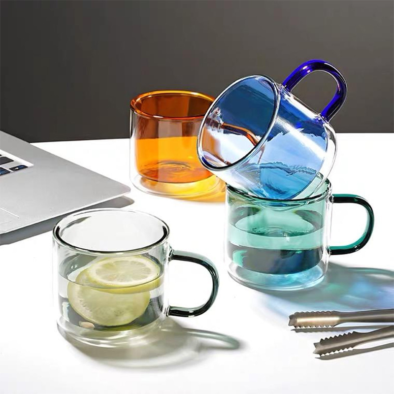 Double Glass Mug for Household Tropical Resistant Colored Handle Glass Milk Cup