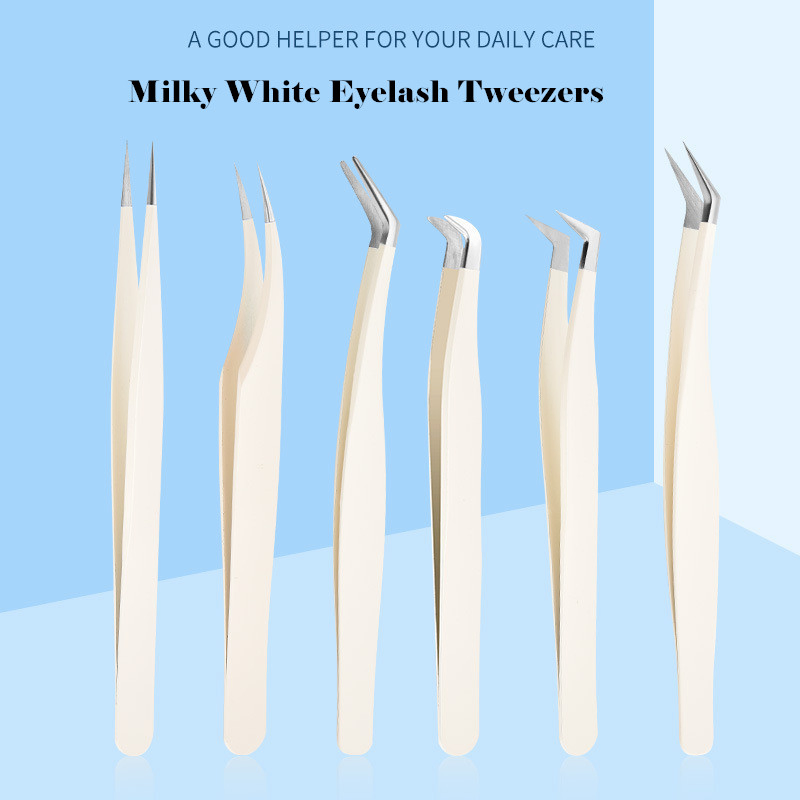 Professional High Precision Milky White Straight Curved Tips Lash Eyelash Extension Tweezers
