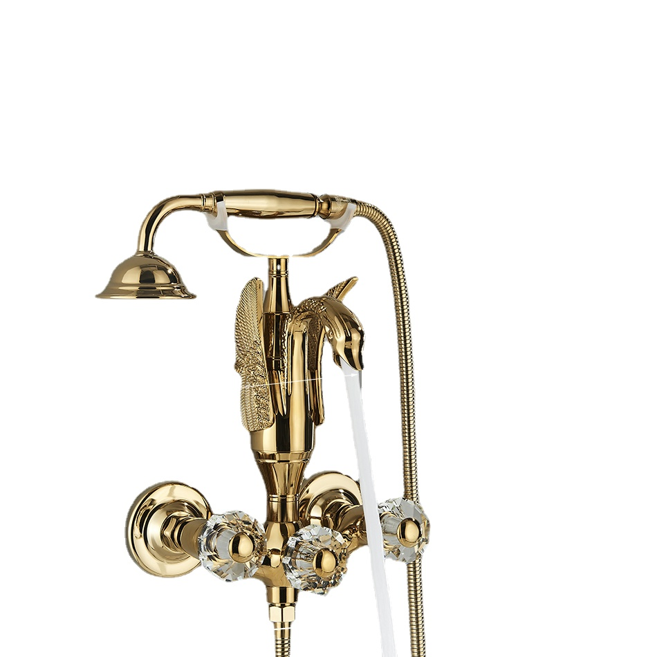 Golden Bathroom Swan Bathtub Faucet Wall Mounted Cold Hot Luxury Shower Set Brass