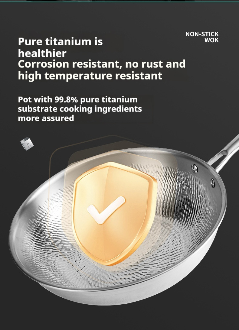 China Factory Handmade Hammered Pure Titanium Wok Non-Stick 0 Coating