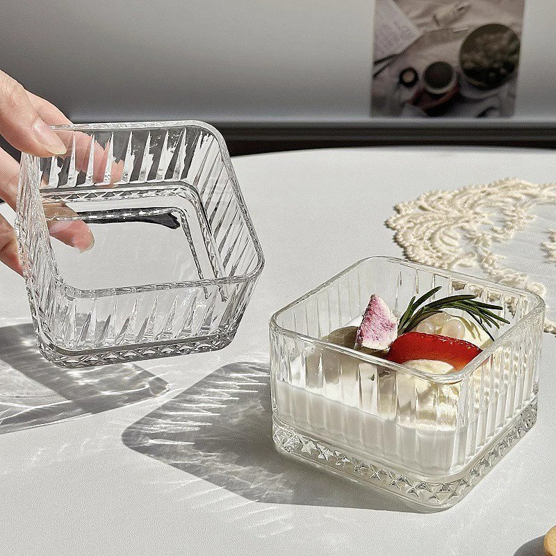 Glass Bowl Stripe Rhombus Pattern Square Shape Bowl Dessert Bowl Breakfast Bowl