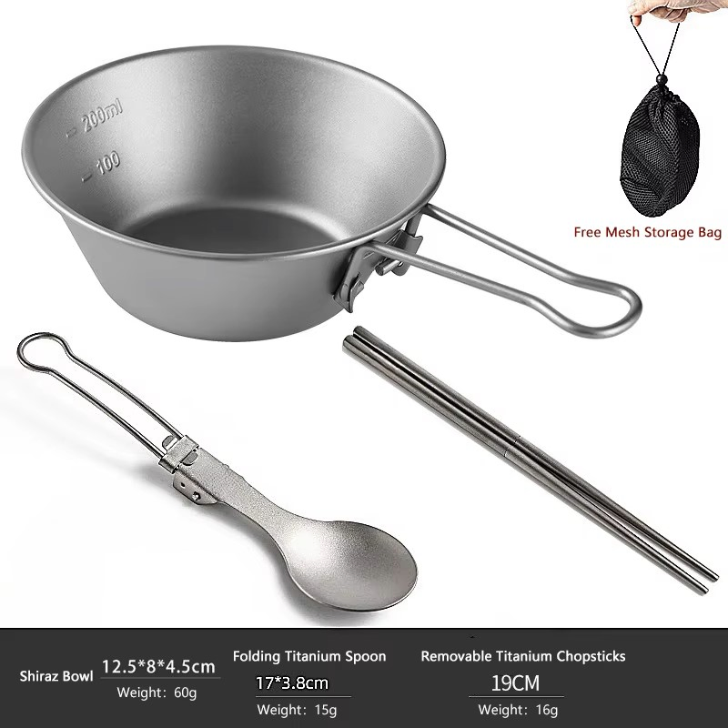Folding Titanium Spoon with Shiraz Bowl Outdoor Folding Chopsticks Set
