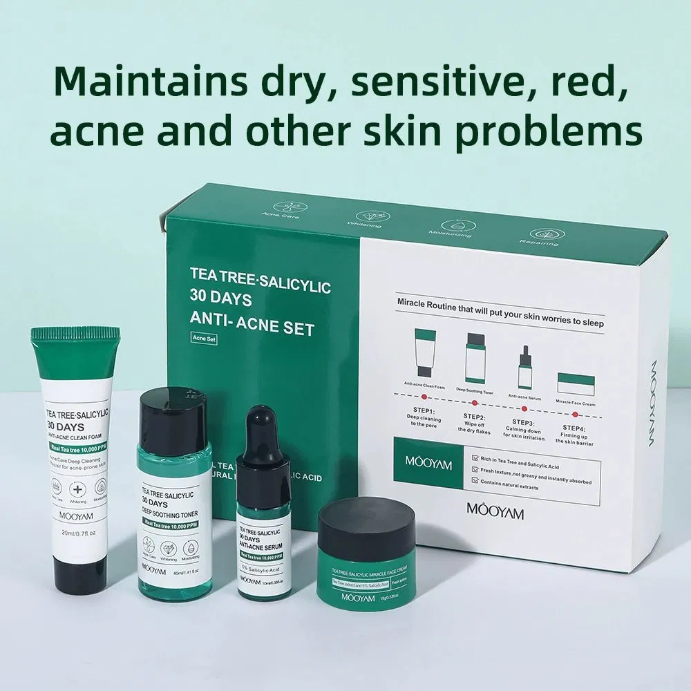 30 Days Anti-Acne Tea Tree Salicylic Acid Skin Care Set Facial Cleanser Toner Serum Face Cream Oil