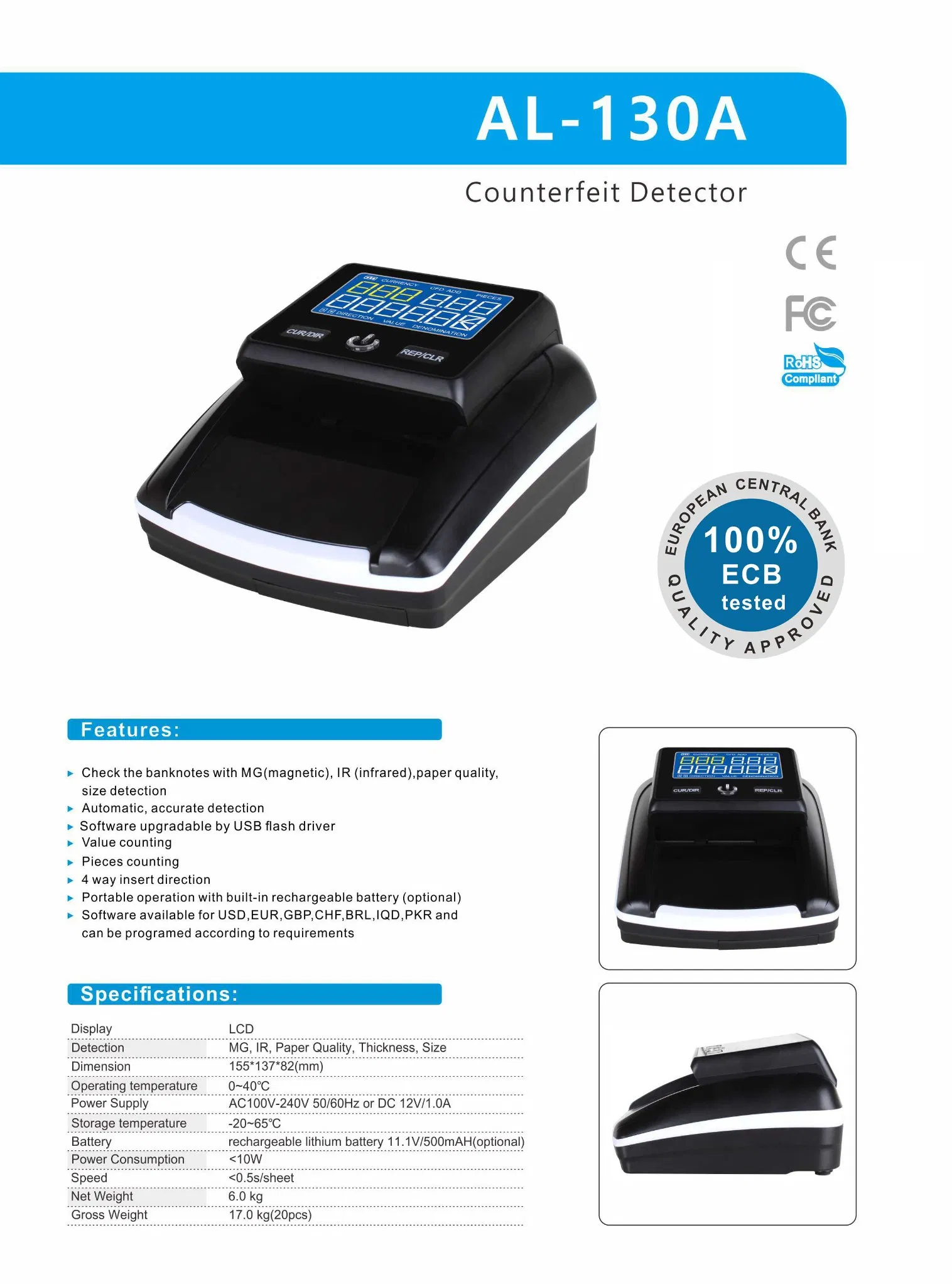 Al-130A UV/Mg/IR Fake Money Counting Machine Counterfeits Bill Detector