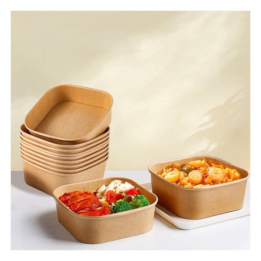Disposable Logo Printed Food Grade Kraft Paper Salad Takeaway Container Heat Resistant Soup Sushi Fruit Bowls with Clear Lid