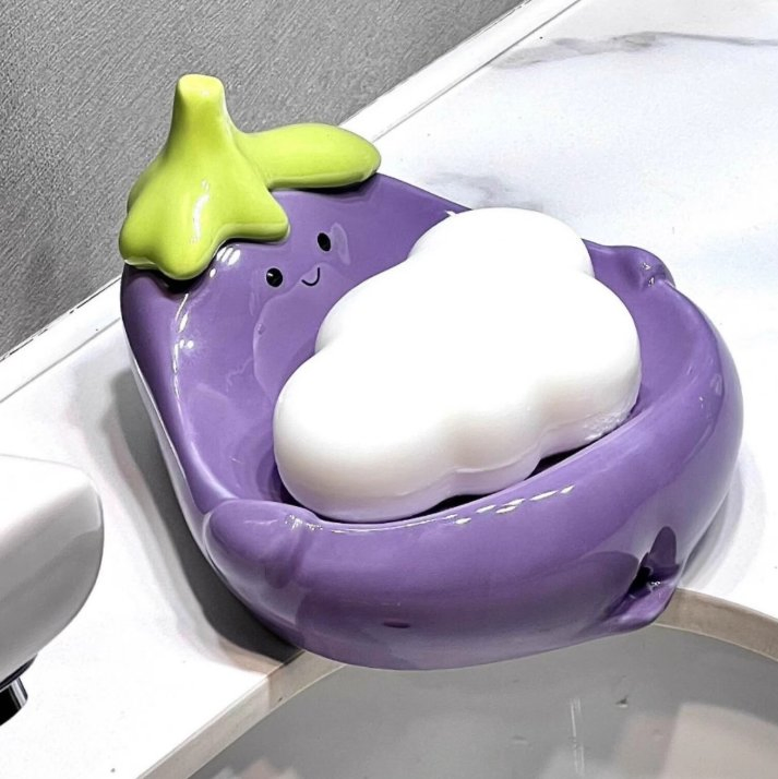 Eggplant Ceramic Soap Dish Drainable Soap Holder for Bathroom Sink,