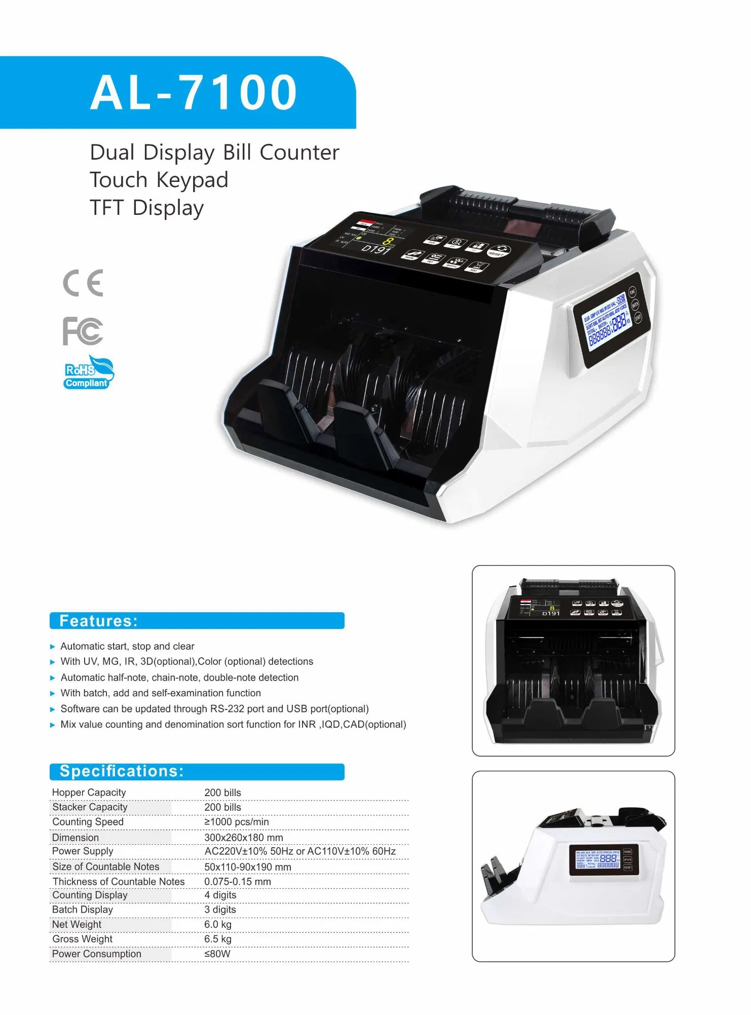 Al-7100 Grade Bank Cash Counting Machine Quickly Calculate Banknotes Money Counter