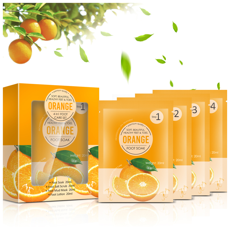 Customize Logo Peeling off Feet Care Set Orange Foot Soak Salt 4 in 1 Pedicure Moisturizing Exfoliating Scrub