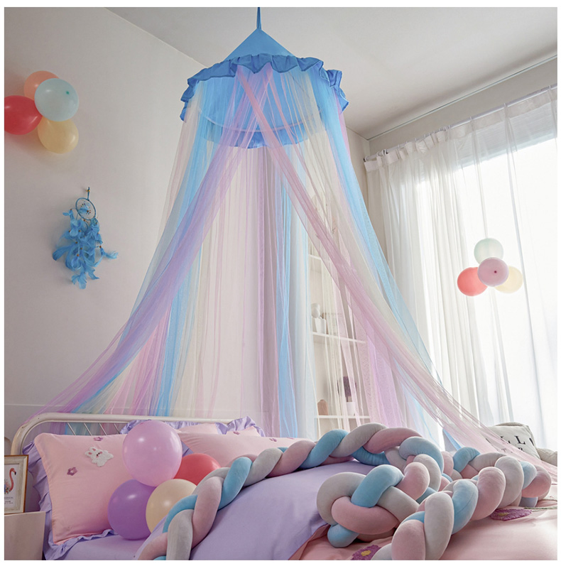 Rainbow Bed Canopy for Girls Dreamy Mosquito Net for Bed Round Dome Princess Bed Canopy Girl Room Play Tent Kids Canopy Bed Netting Curtains Blue