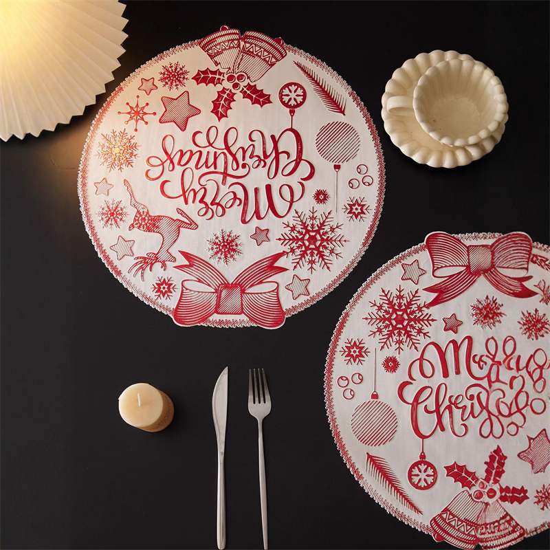 Home Christmas PVC Round Placemats Bow-Accented Waterproof Heat-Resistant Sublimation Table Mats