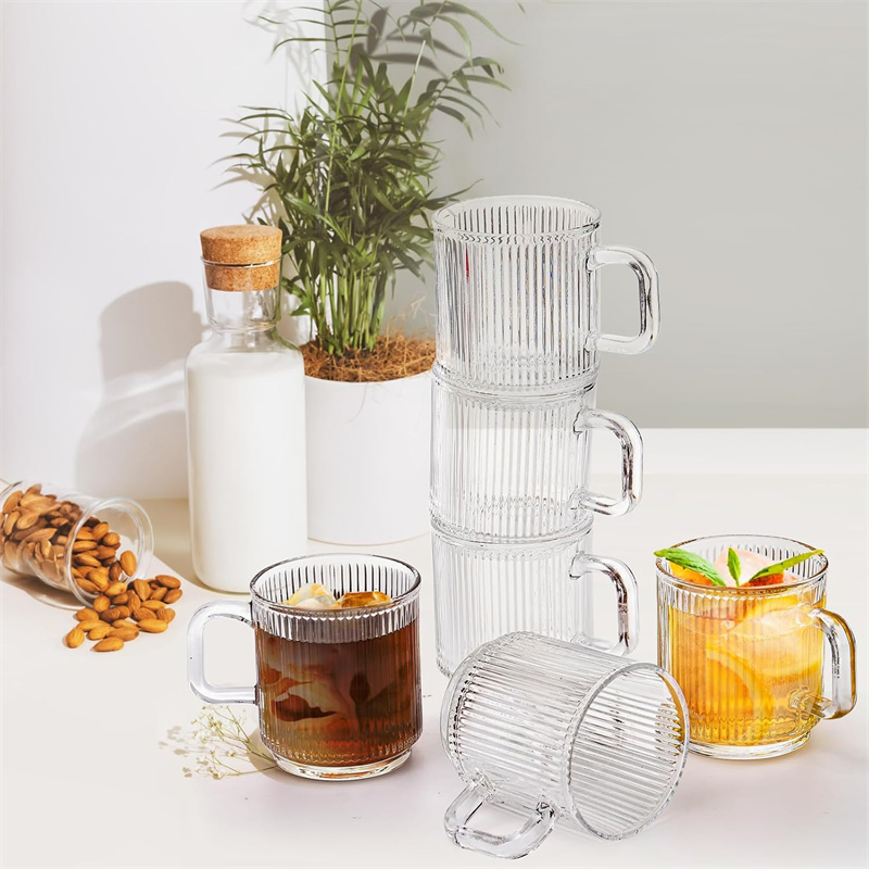 Classic Vertical Stripes Glass Coffee Cup Premium Glass Coffee Mugs with Handle