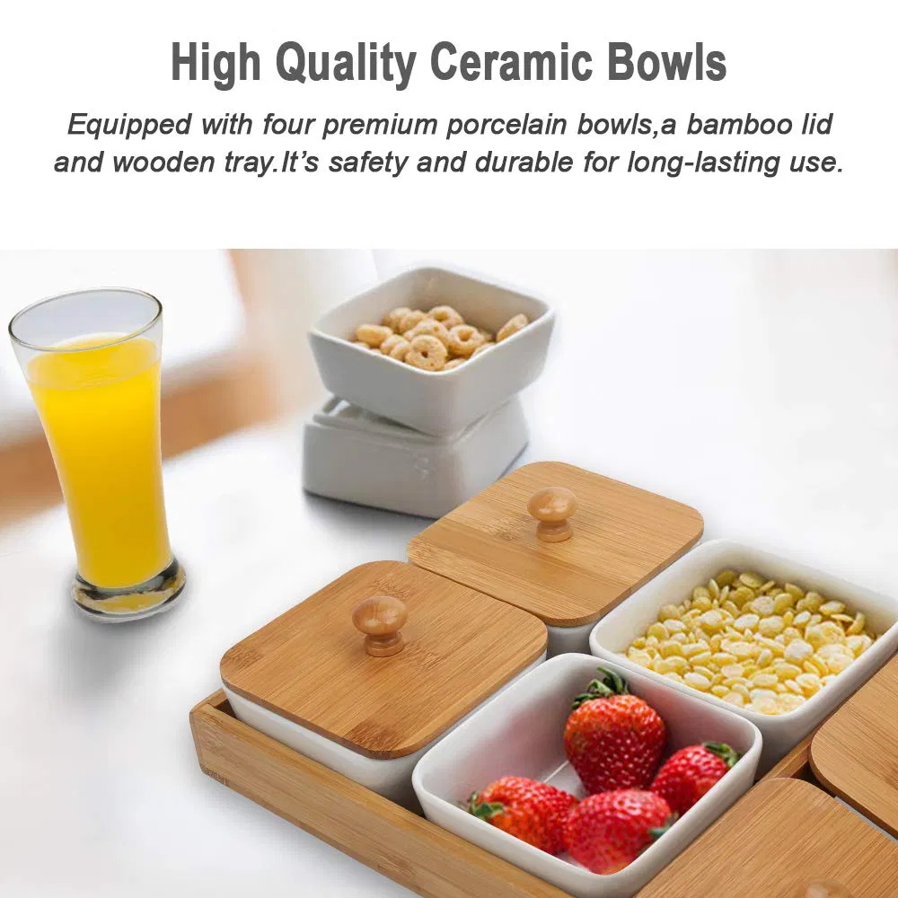 Ceramic Snacks DIP Bowls Relish Tray for Entertaining Ceramic Divided Serving Dishes with Lids Bamboo Porcelain Divided Platter