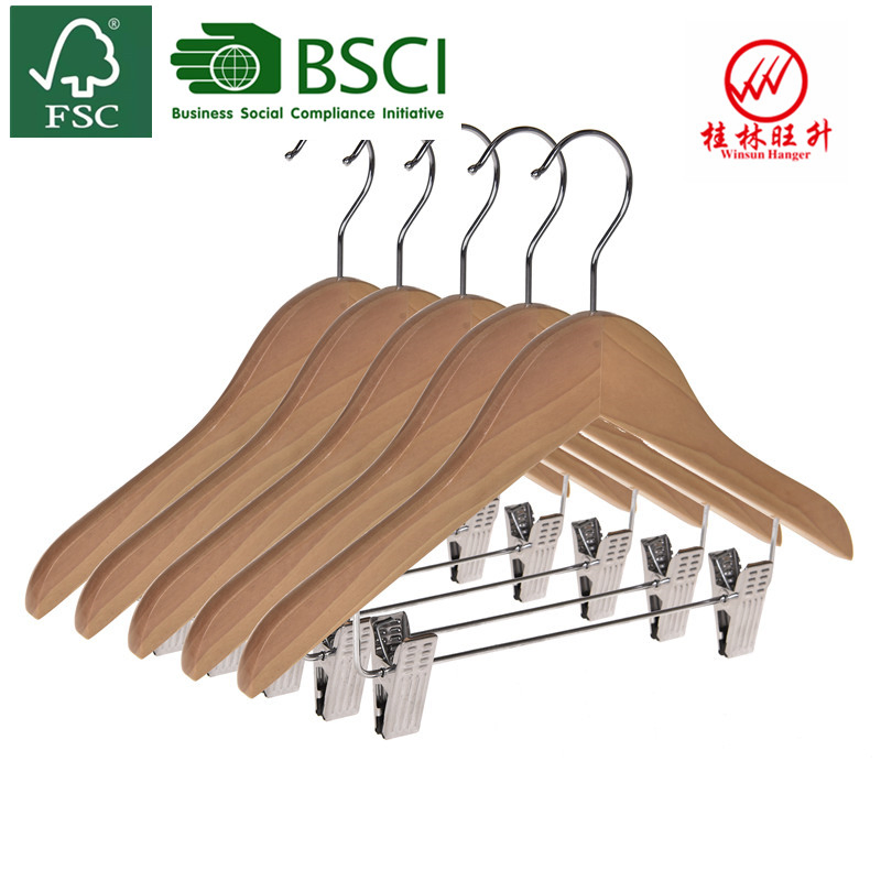Winsun Factory Adjustable Metal Clip Kids Solid Wooden Hanger