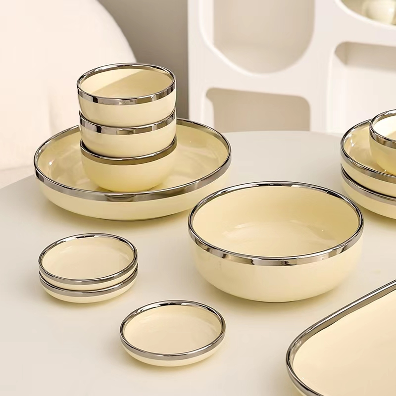 Elegant Light Yellow Ceramic Tableware Set with Silver Trim