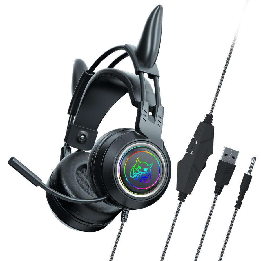 Sy-G25 Devil Ears Design RGB Lighting Wired Control Gaming Earphone 3D Surround Sound Game Headset with HD Mic