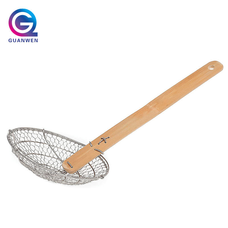 13-Inch Mesh Skimmer Stainless Steel Strainer Skimmer with Bamboo Handle Kitchen Utensils Wire Strainer Pasta Strainer Spoon