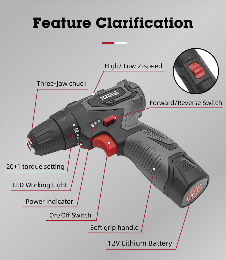 Kbd31202 12V Portable Brushless Cordless Compact Drill 2 Speed Adjustment Power Drills Brushless Motor High Torque LED Working Light