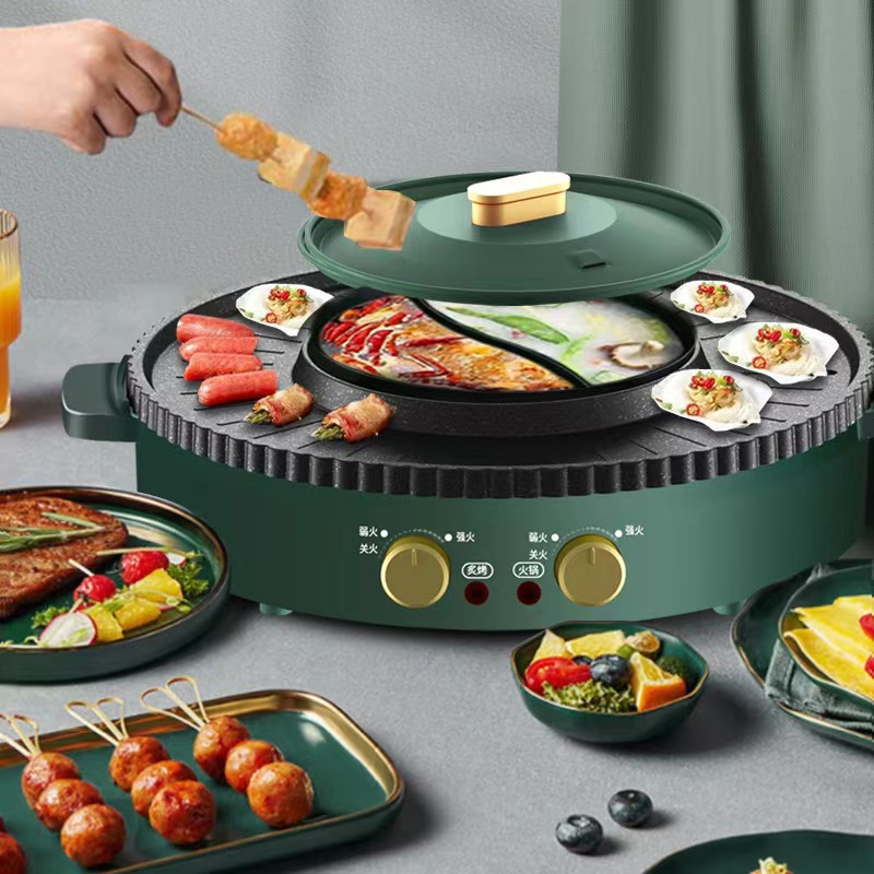 Wholesale Multifunctional Non-Stick Smokeless BBQ 2 in 1 Electric Hot Pot Grill Electric Skillet