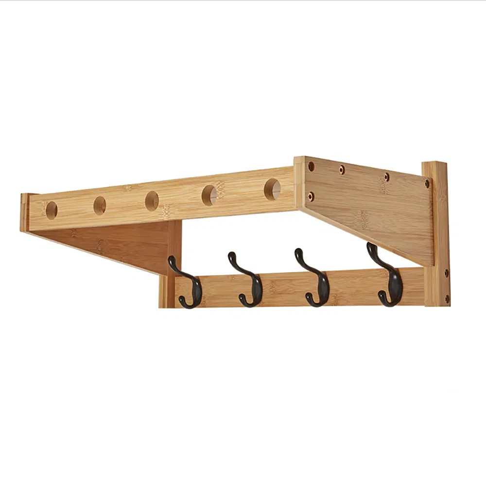 Bamboo Wooden Wall Mounted Clothes Hooks Rack with Book Wall Shelf Combo